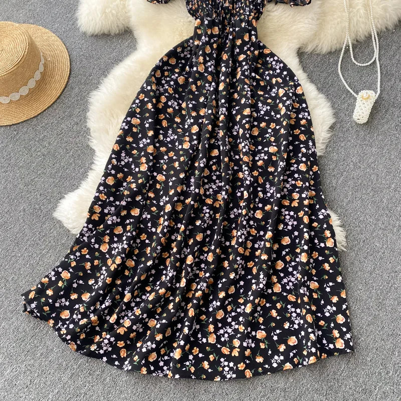 2025 Summer French Vintage Floral Dress Fashion Elegant High-Waisted Drawstring Vestidos Printed Fresh And Sweet Long Dresses