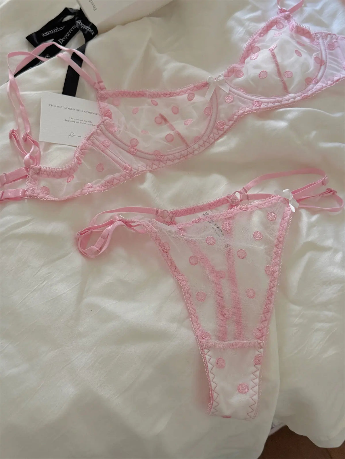 French Style Polka Dot Bra & Thong Set | Retro Sexy Lace Lingerie, Ultra Thin Sheer Netting for Big Bust & Plus Size MOYISU Bras