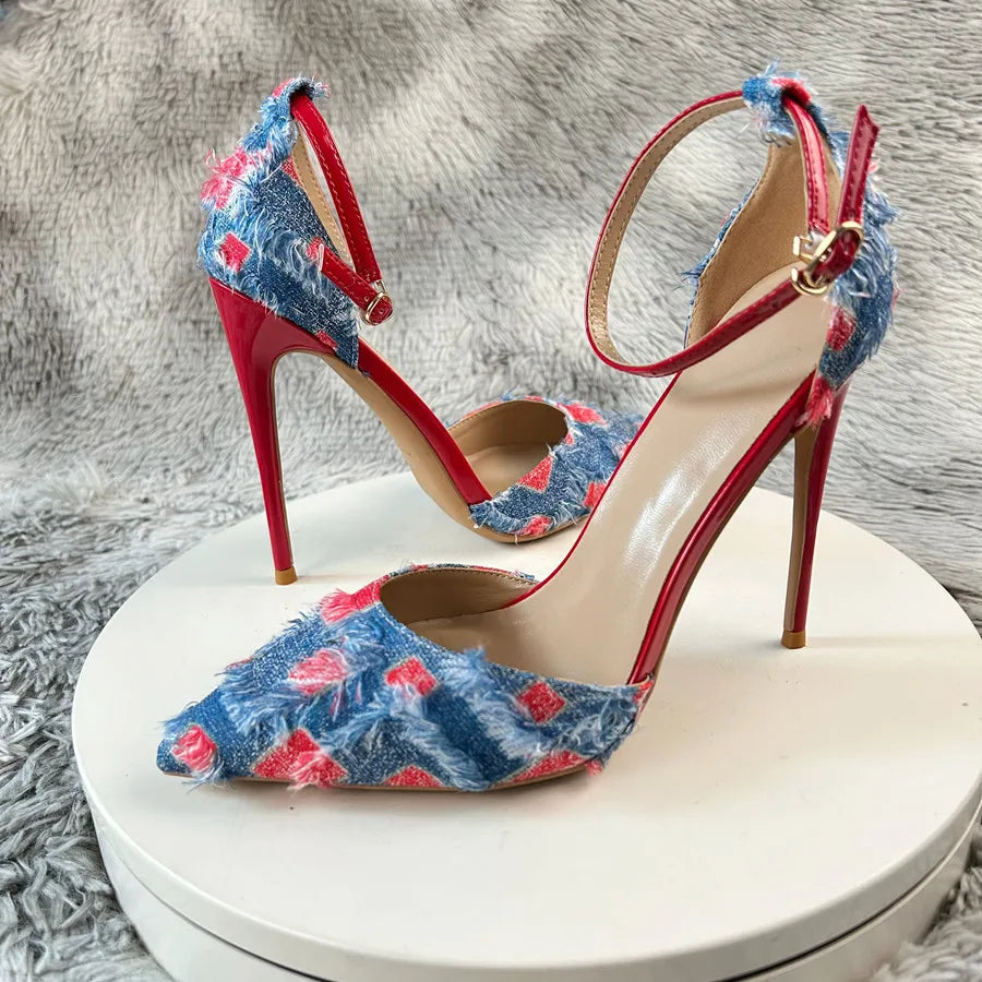 New Denim Fashion Denim color blockingSandals High Gladiator Heels Ladies Office ShoesPlus Big Size45-46 12cm slim heel