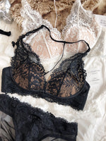 French Lace Embroidery Women Lingerie Set Sexy Thin Cup Halter Bikini Bra Deep V Push Up Bralette Fashion Backless Underwear Set