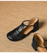 French Slip-on Single Shoes Retro British Shoes for Women Brown T-Strap Shallow Flat Sandals Soft Leather RomeSummer New 32-43
