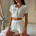 Women's Sleepwear Summer Sexy Hollow Women Pajamas Shorts Set Short Sleeve Cotton Pajamas Breathable Comfortable Homewear Set