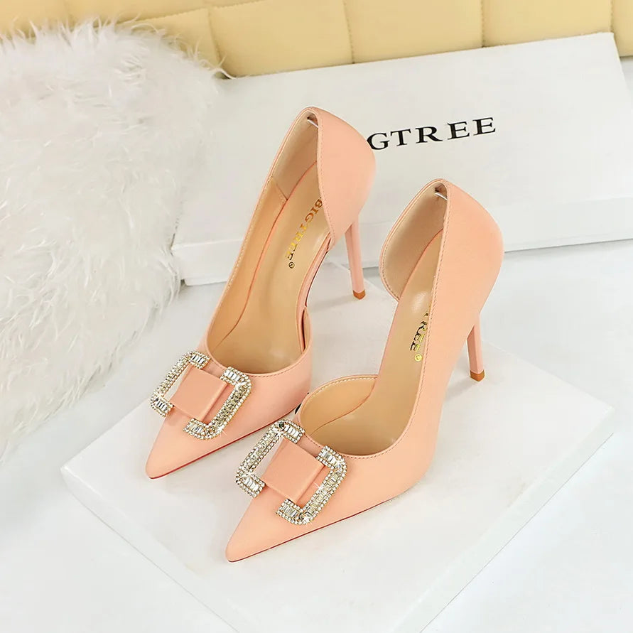 BIGTREE Pumps Elegant Pointed Crystal Buckle Slim High Heel Single Shoes Women Silk Spring/Summer High Heel Pumps Wedding Dress