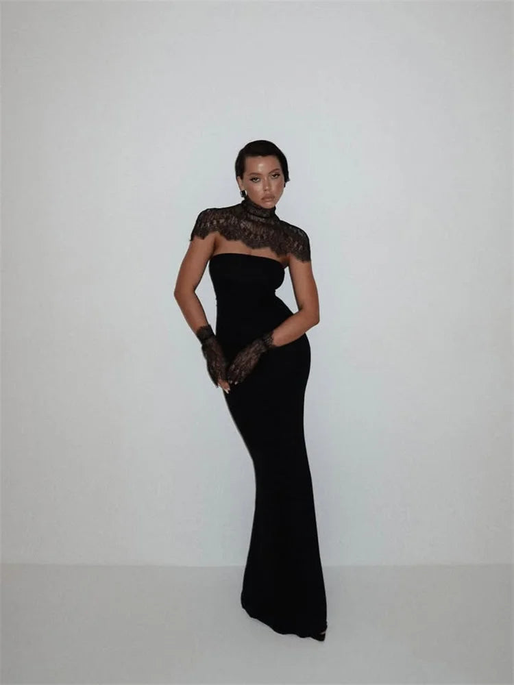 Ahagaga Sexy Women's Maxi Dresses With Lace Shawl Solid Strapless Sheath Slim Fit Fashion Gloves Summer Female Party Vestidos
