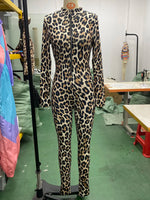 New 2026 Sexy Leopard Jumpsuit Women Knitted Tight Stretchy Zipper Full Length Pencil Pants Trousers Rompers Long Sleeve 63949