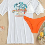 3Pcs/Set Summer Women Bikini Set Solid Color Halter Bra Low-rise Briefs Lace-up See-through Tropical Print Bathing Suit