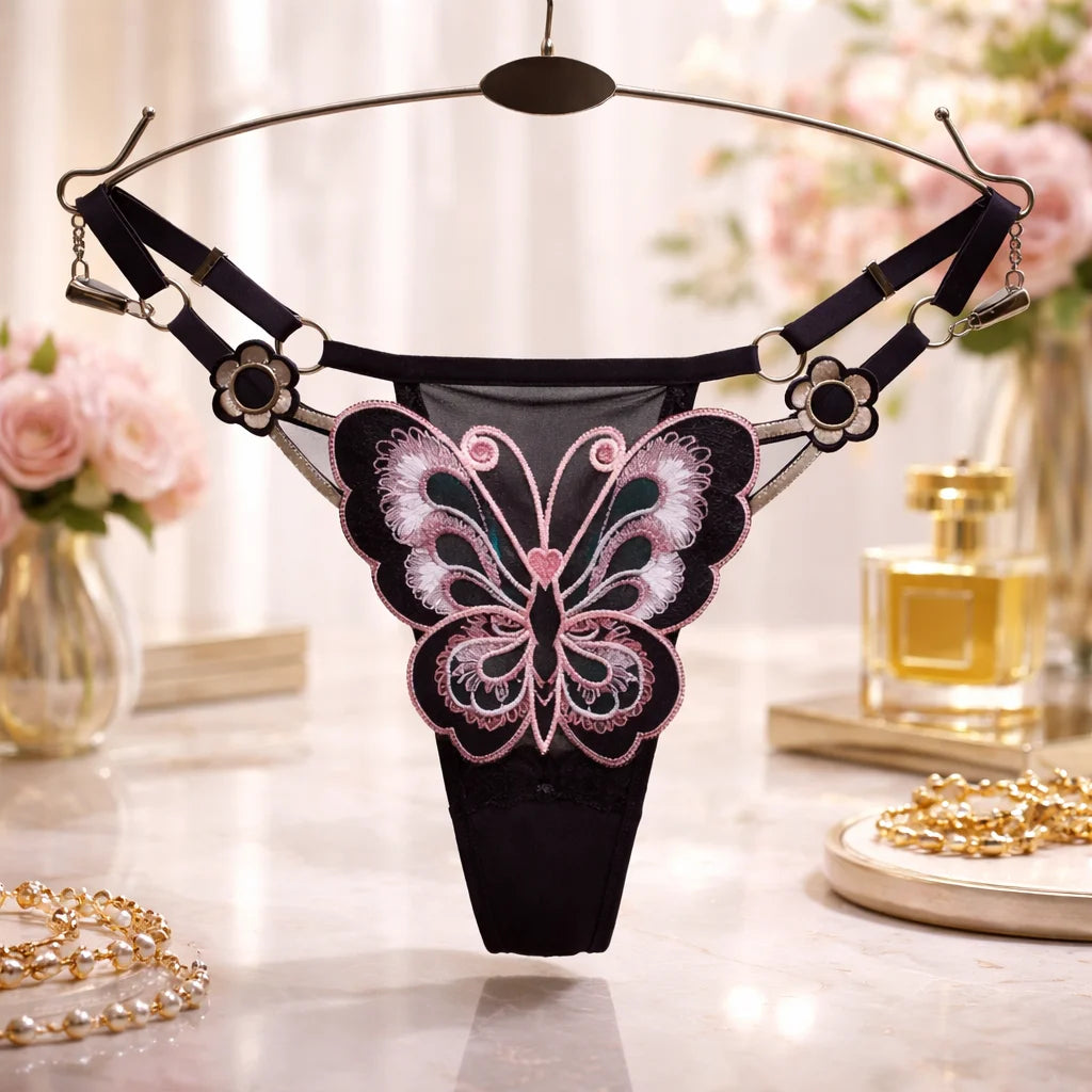 7PCS Butterfly Embroidered Low Waist Thong Set for Women, Sexy Breathable Soft Panties, Comfortable Quick Dry Underwear