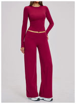 Yoga Set 2 Pieces Women Fitness Sportswear Gym Loose wide-leg pants Long-sleeved T-shirt Sports Crop Tops Tracksuit Workout Wear