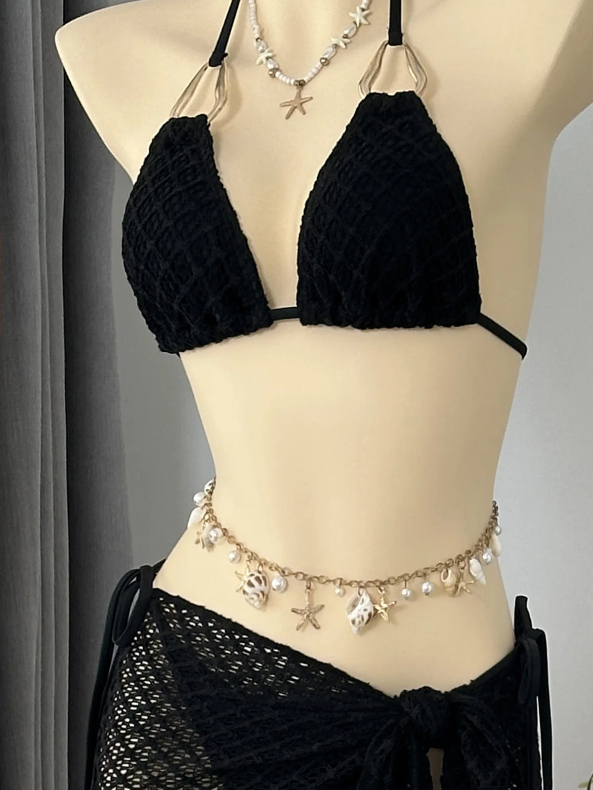 Sexy Mesh Cover Up 3 Piece Bikinis Sets 2026 Women Black Metal Chain Strap Push Up Thong Swimsuit Holiday Bathing Suit Swimwear