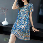 Summer Women Dress Half Sleeves Round Neck Retro Print A-line Big Hem Knee Length Loose Casual Daily Wear Vacation Midi Dress