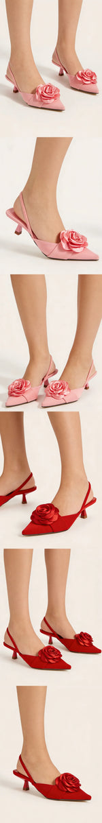 2026 Big Size 43 Summer Women's Pointy Toe Kitten Heels Slingback Satin Sandals Elegant Sandal Rose Flower Office Lady Shoes