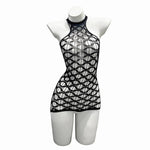 Sexy Mesh Halter Neck Hollow Out Open Crotch Dress With Exposed Chest And Sheer For Women Off-the-shoulder Mini Dress Charm RCIJ