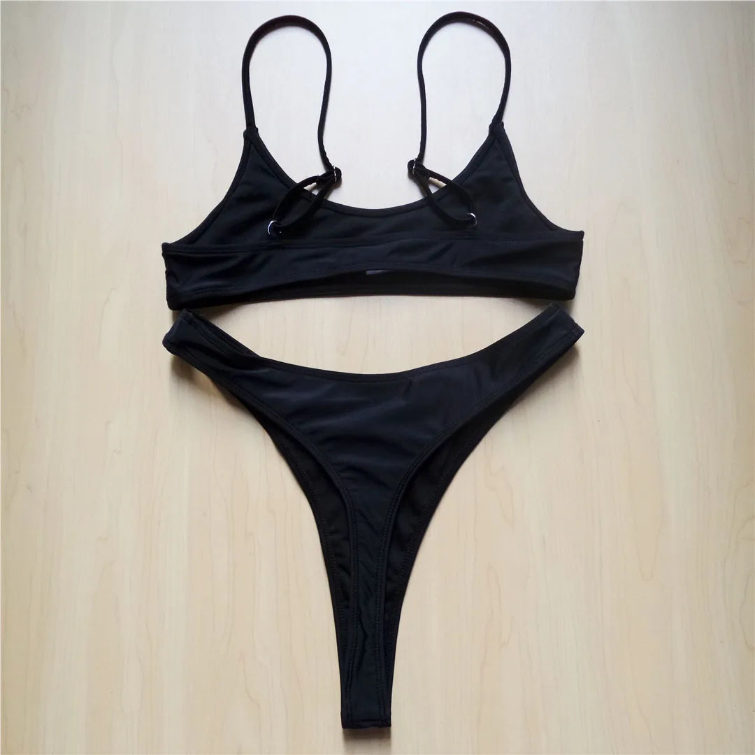 Sexy Black Tiny High Cut Leg Thong Bikini Female Swimsuit Women Swimwear Two-Pieces Bikini Set Bather Bathing Suit Swim V517C