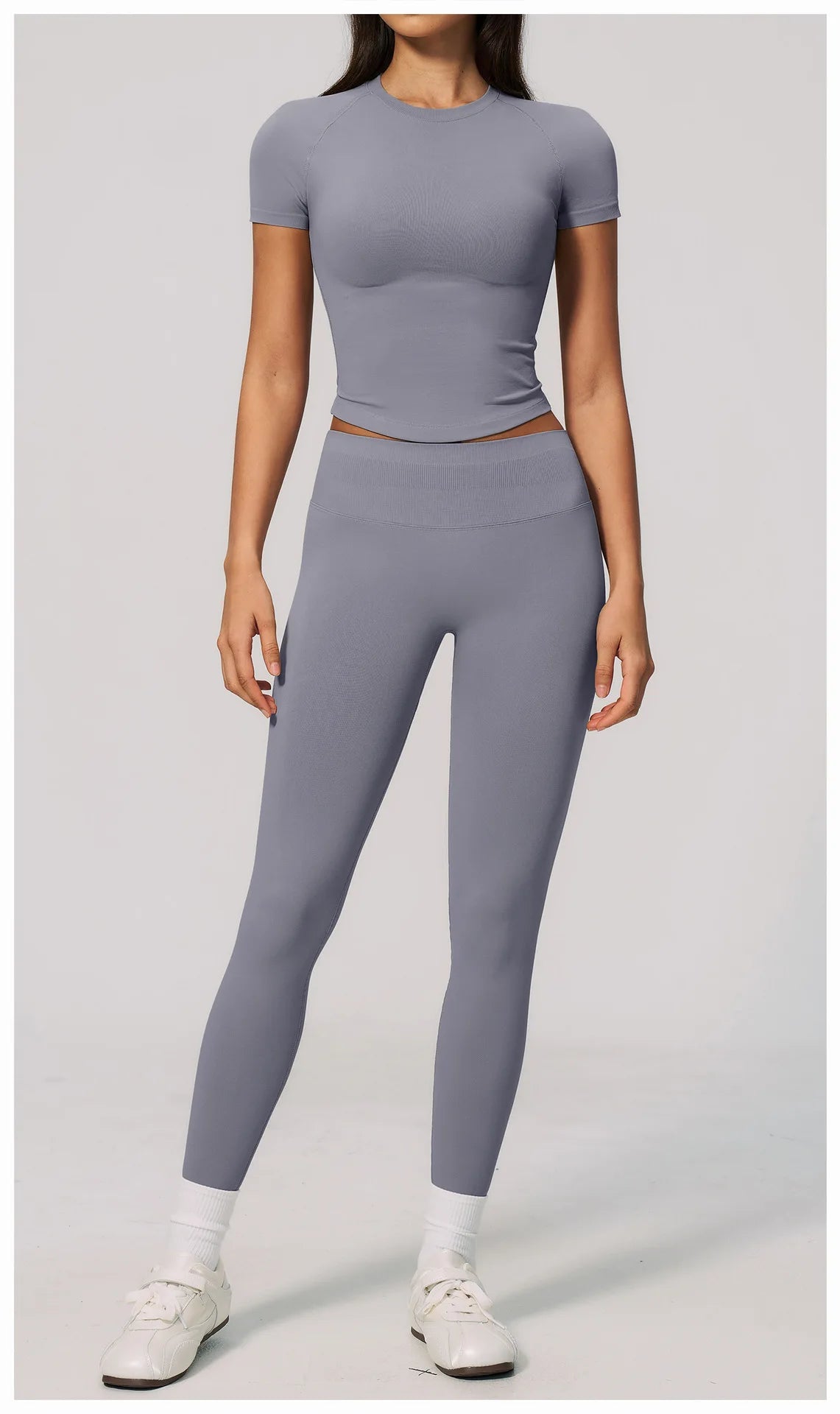 2PCS Women's Tracksuit Seamless Yoga Set Short Sleeve O Neck Workout T Shirts Fitness Suit Tight Hip Lifting Leggings Gym Sets