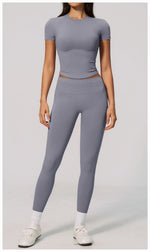 2PCS Women's Tracksuit Seamless Yoga Set Short Sleeve O Neck Workout T Shirts Fitness Suit Tight Hip Lifting Leggings Gym Sets