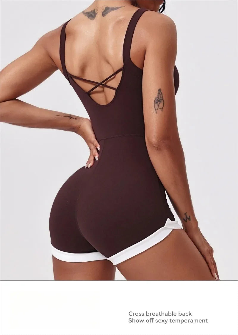 Women's Seamless Yoga Jumpsuit - Quick-Dry Color Block Naked Feel Bodysuit & Cut-Out Backless Straps for Running Fitness Workout