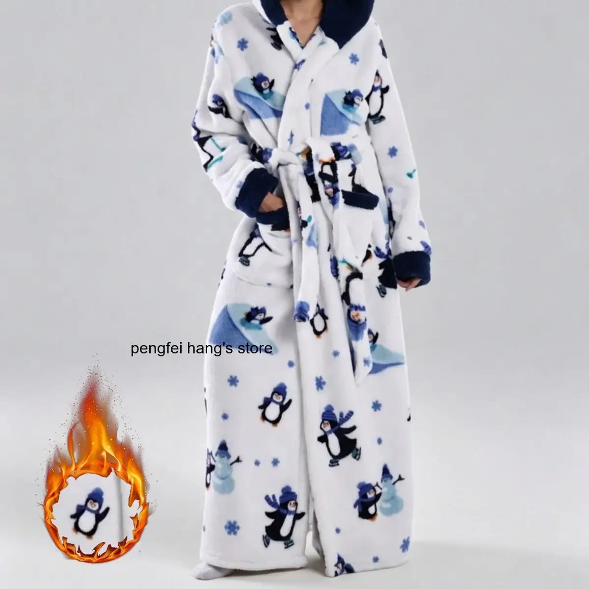 Winter Hooded Flannel Bath RobeCouples Loose Fit Animal Fruit Multi Print Long Loungewear Robe with Belt Double Side Pockets