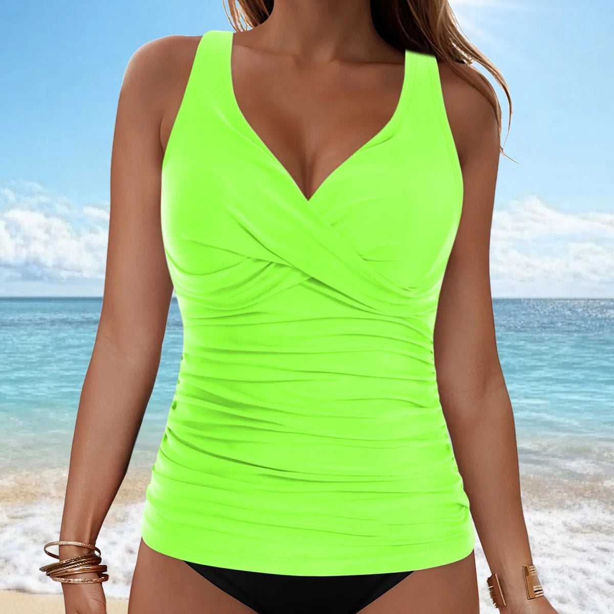 Women Bikini Tankini Top Front Knot Ruched Swimsuit V Neck Bathing Suit Swim Top Cross Back Swimwear Tops Summer Beach Wear