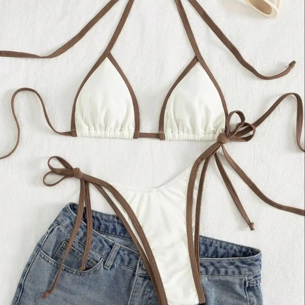 DEKA Triangle Beach Style Lace-up Swimsuit Women Sexy Halter Swimwear Solid Thong Female Bikini Set Bathing Suit Bikini Mujer