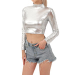 Women Metallic Long Sleeve Crop Tops Shiny Stretch Mock Neck T Shirt Dance Clubwear Ladies Slim Fit Blouses Gold Silver Costumes