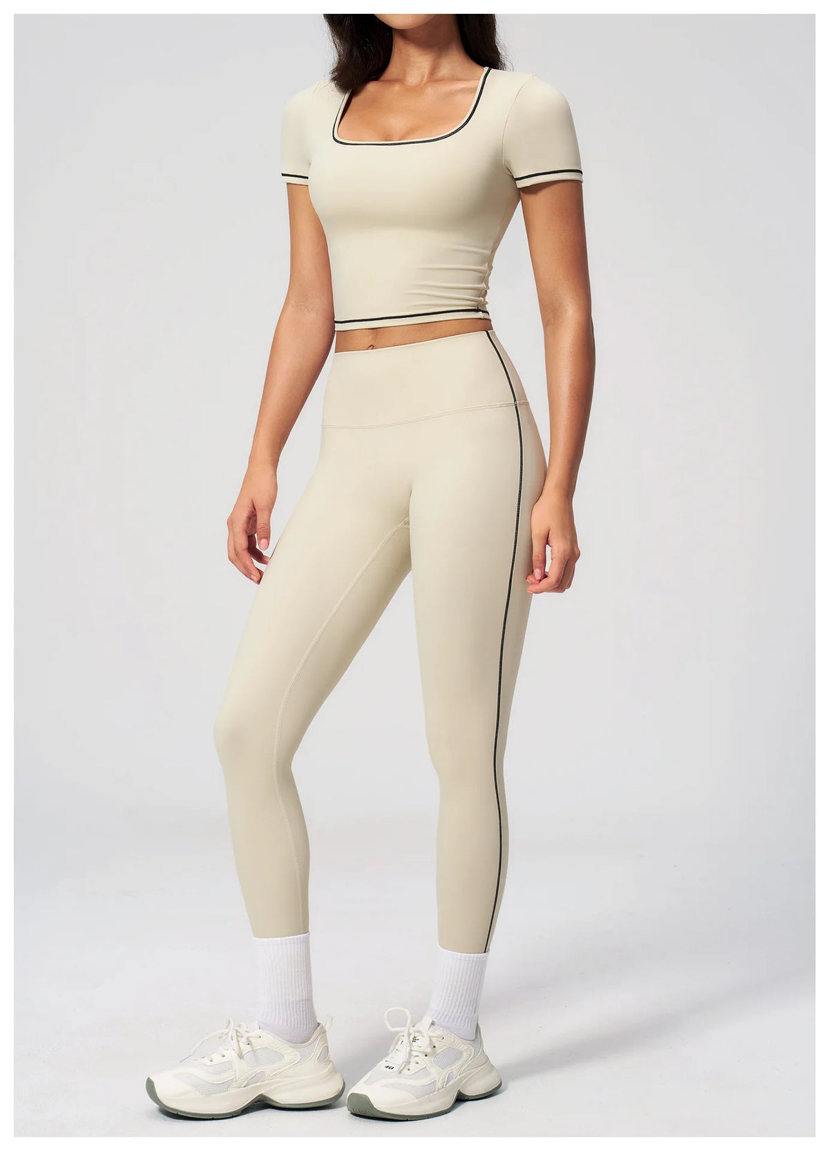 2PC Color Contrast Yoga Suit Women Short Sleeve Square Collar Slim Sports Top Fitness Suits Outdoor Exercise Leggings Tracksuit