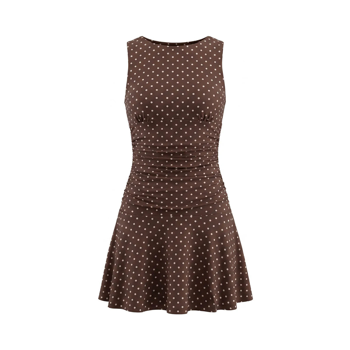 2026 Fashion Women Tank Dress Dots Print/Solid Color Sleeveless Slim Fit Ruched Short Dress for Daily Office Party
