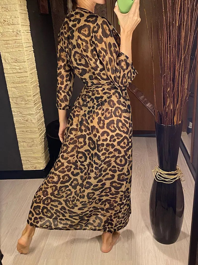 New Sexy Leopard Printed Beach Cover Up Chiffon Cover-ups Swimwear Beach Wear Summer Beachwear Female Women Long Dress K3219C