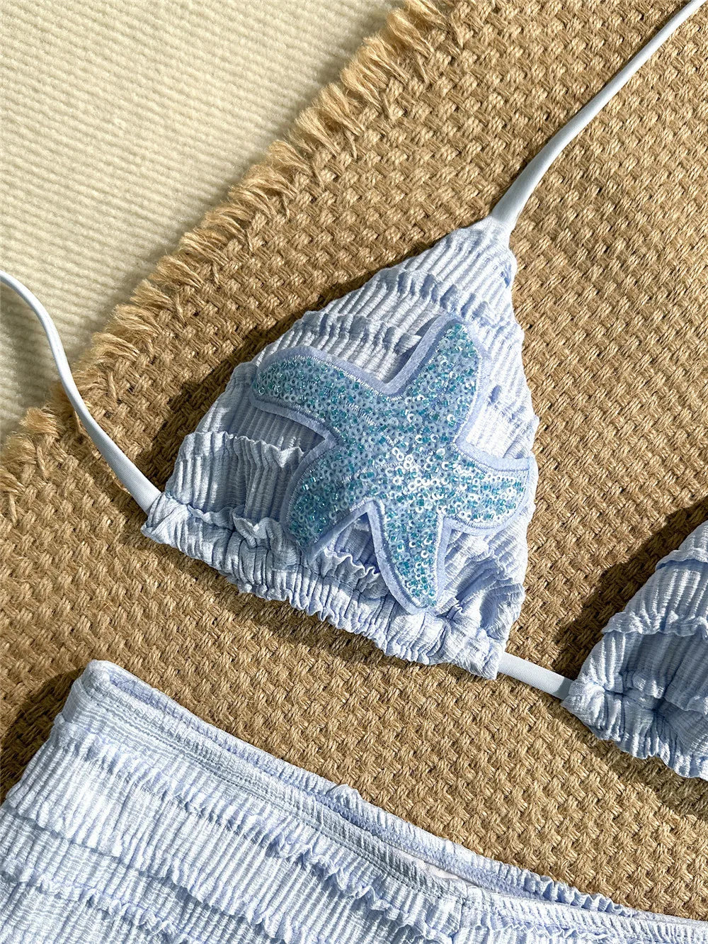 Sequin Starfish light blue Texture Swimwear Sexy Halter String Triangle Bikinis Sets Shorts Bottoms Woman Swimsuit 2026 Bikini