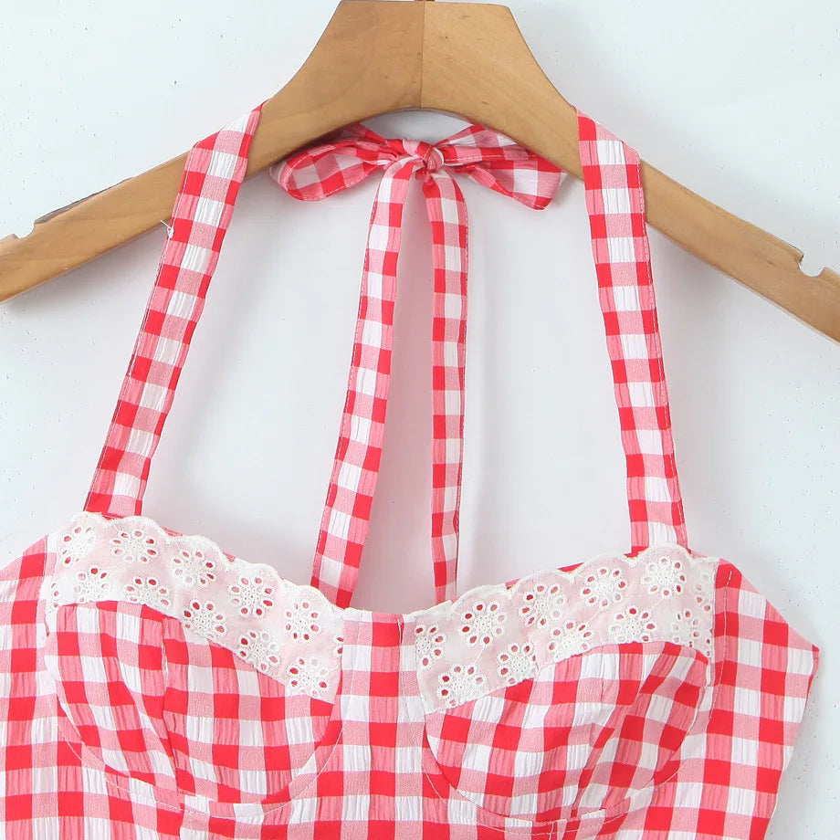 Early Spring New French Style Sexy Sweet Lace Patchwork Slim Fit Halter Neck Tie Plaid Strap For Woman Cute Pure Desire DW8V