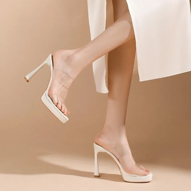 Transparent Crystal High Heel Sandals Women's Summer Versatile Slip-On Shoes Waterproof Platform Chunky Heel round Toe Polyureth