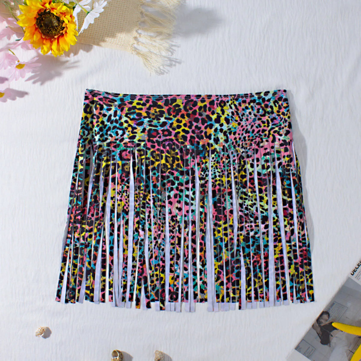 Women Leopard Print Swim Skirt Shorts Tassel Fringe High Waist Bikini Bottom For Beach Party Summer Vacation Pool Bathing Suits
