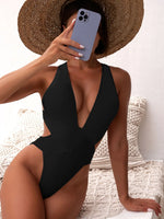 Deep V Neck One Piece Swimsuit Women Solid Red Black Criss Cross Backless Pleate Thong Bikini 2026 Beach Bathing Suit Swimwear