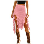 Women Western Boho Midi Skirt High Waist Ruffled Asymmetrical Hem Slit Flowy Summer Skirts Casual Cowgirl Style Streetwear Y2k