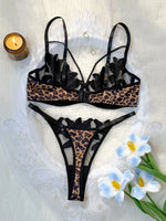 Floral Embroidery Leopard Print Lingerie Set Women Sheer Mesh Underwire Bra And Thong Sexy Underwear ZA825183