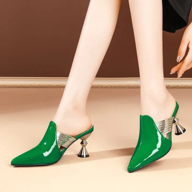 High heel, slippers women 2026 patent leather temperament, fashionable toe sandals women outdoor wear,