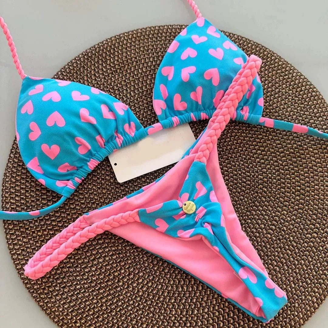 DEKA Sexy Green Floral Print Bikini Set Swimwear Women Braiding Rope Strap Patchwork Bandage Push Up Bathing Suit Thong Swimsuit