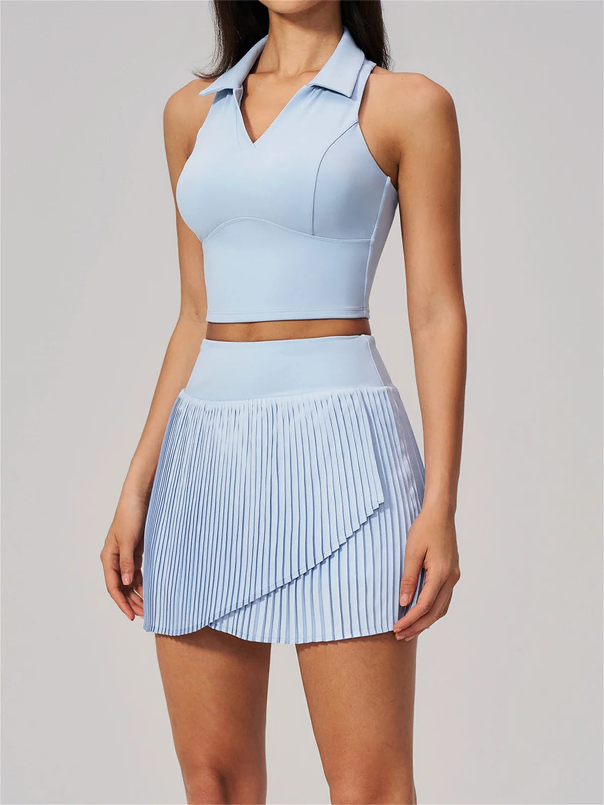 Women's Tracksuit Yoga Set 2 Pieces High Waist Pleate Pocket Skort Fitness Suit Turn Down Collar V Neck Slim Tank Top Sporstwear