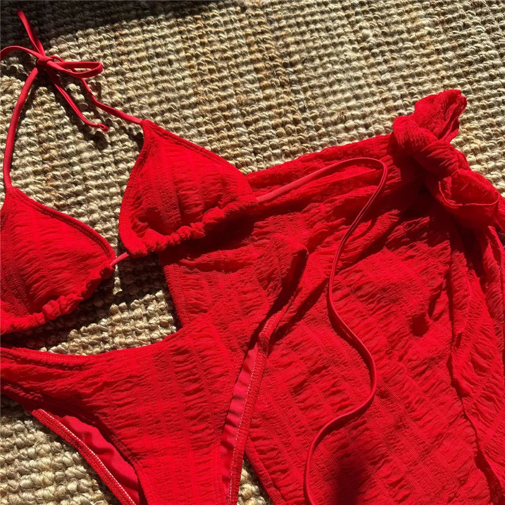 Yellow Micro Thong 3 Piece Bikini Set Damen Mesh Cover Up String Halter Swimwear Sexy Swimsuit Women 2025 Bathing Suit Bikinis