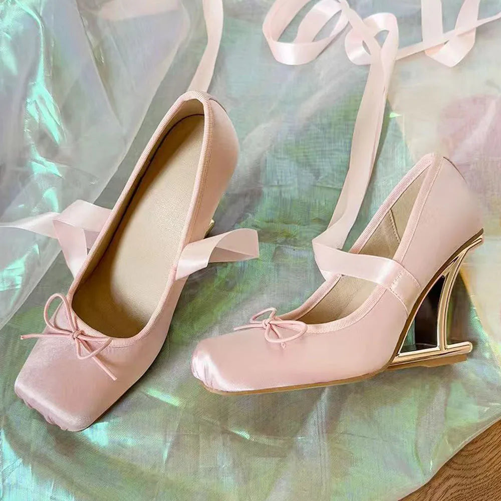 2025 Brand New Summer y2k Pink Square Toe Ballet Shoes Women Ribbon Lace-up Hollow out Wedge High Heels Party Pumps Daily Life