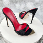 Diamond Black print high heeled slippers for women with thin heels, pointed toes exposed toes soles high heels 12cm sexy sandals