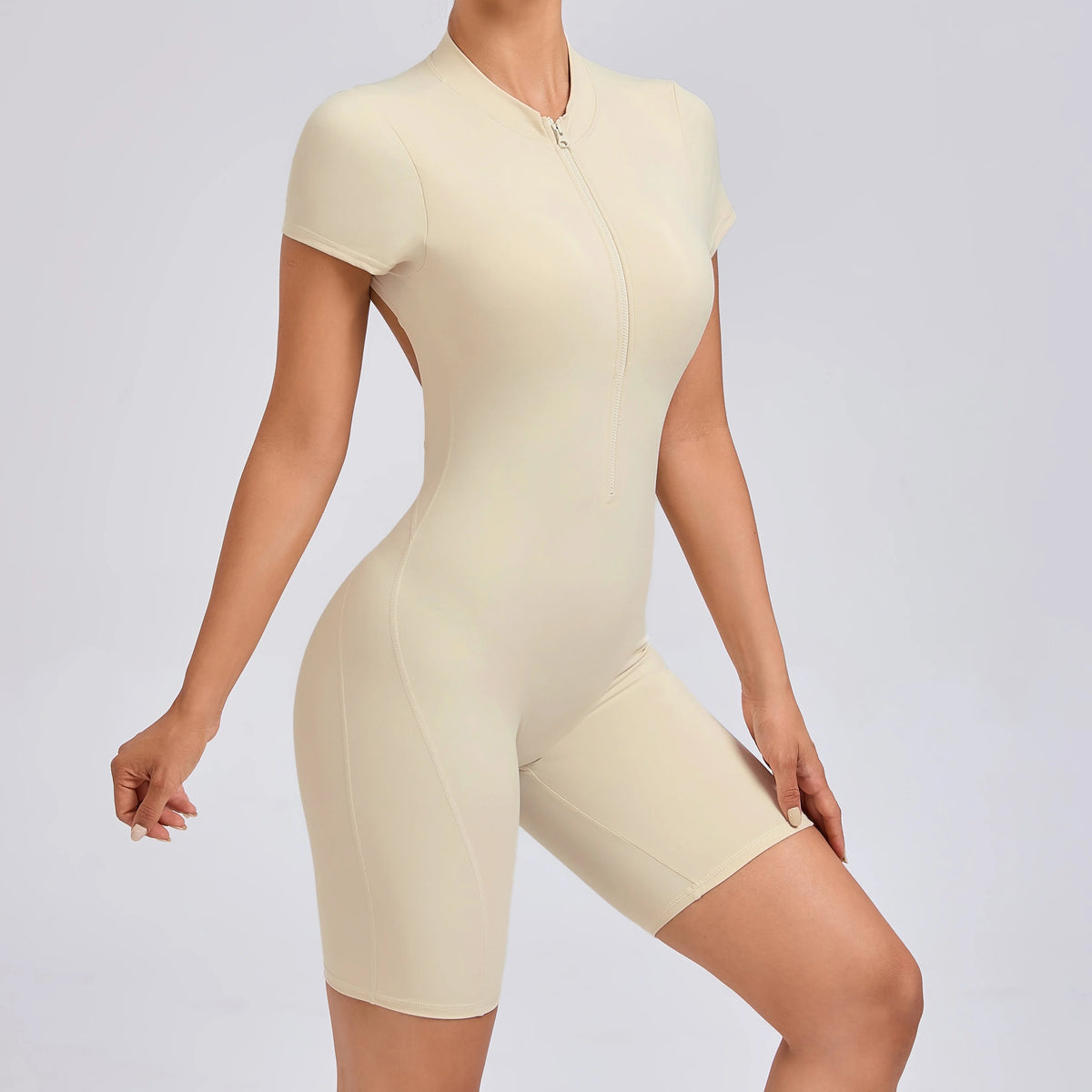 Padded Backless Yoga Cycling jumpsuitWomen Zipper GYM Sportswear Fitness One Piece Sports Suit V Back Workout Playsuit