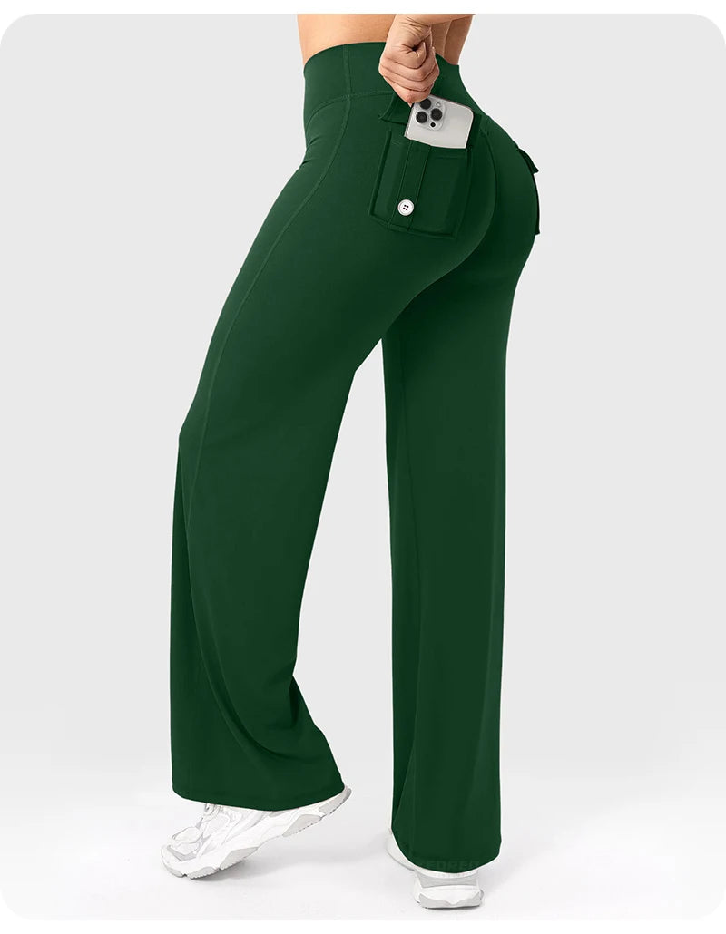 High Waist Pocket Yoga Pants for Women - Stretch Breathable Gym Workout Leisure Tummy Control Tights with Pockets