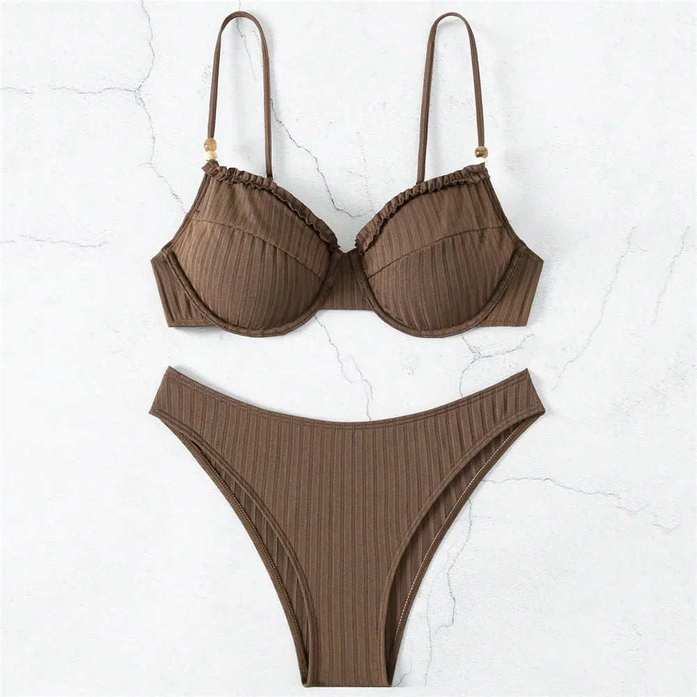 Brown Ruffled Edge Bikini Pushup Bead Straps Solid Swimwears Sexy Swimsuit Women 2026 High Cut Bathing Suit Bikinis Sets Mujer