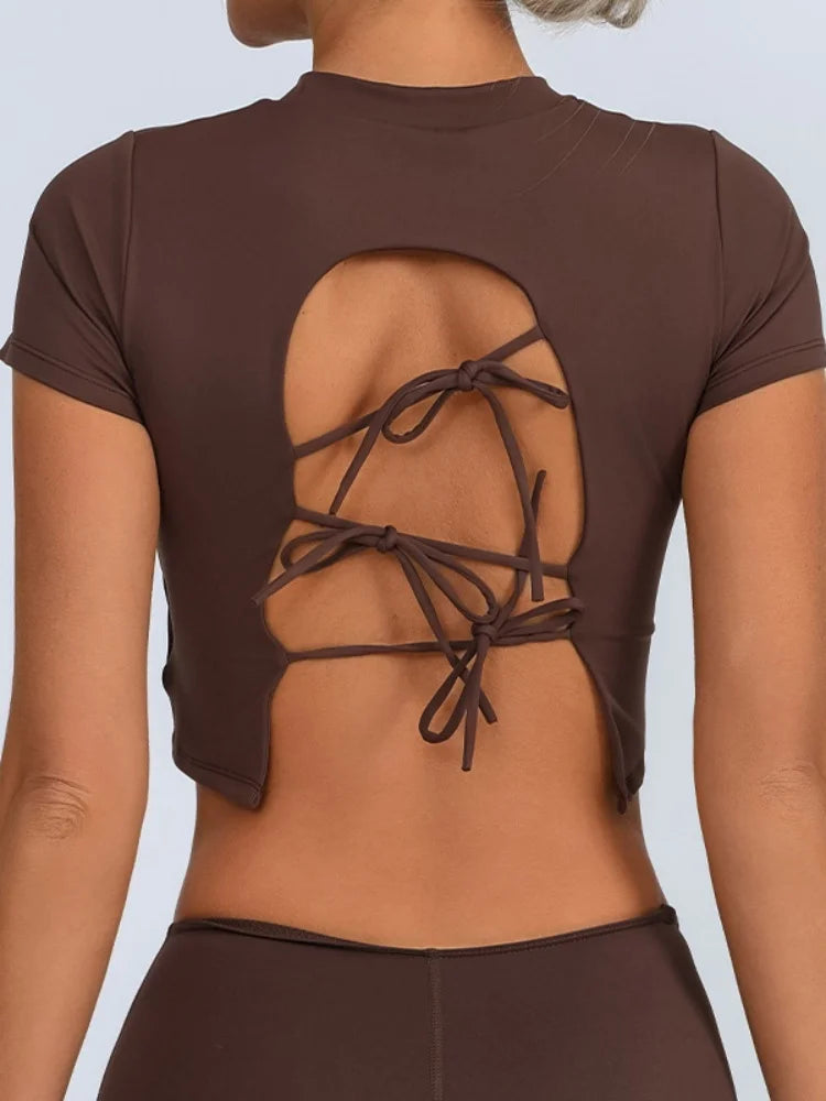 Yoga Short Sleeved T-shirt Women Hollow Back Bandage Tie Cross Sports Tank Top with Chest Gym Running Active Wear Fitness Shirts
