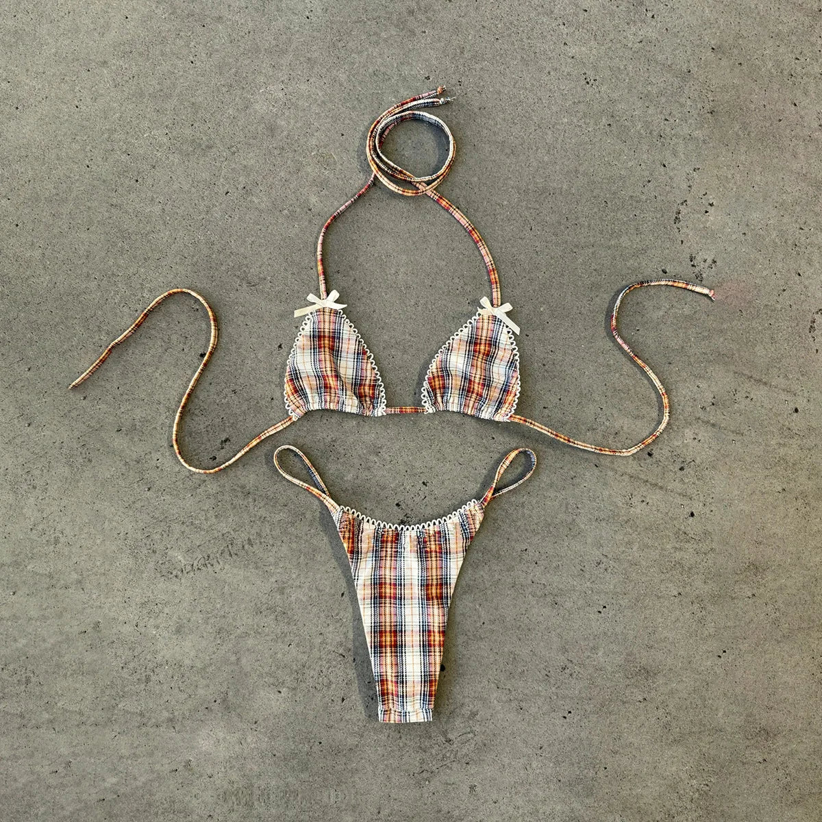 New 2026 Women's Micro Bikini Set Plaid Print Neck Lace-up Backless Biquini Beachwear Sexy Push Up Thong Low WaistBathing Suit