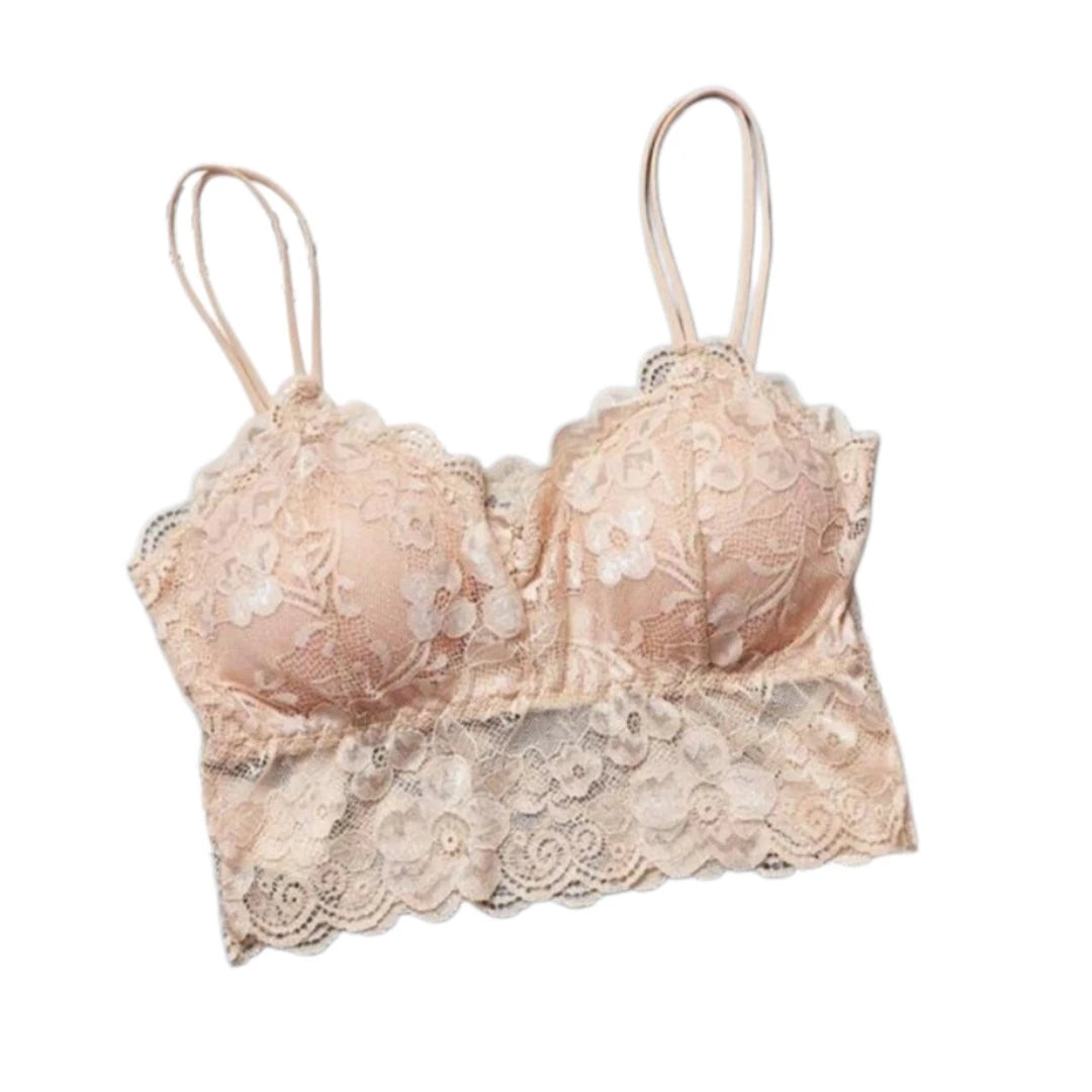 Women's Embroidery Lace Strap Vest Bralette Sexy Back Design No Wireless Push-up Detachable Breast Pads Included
