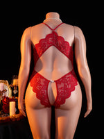 Plus Size Sexy Crotchless Lingerie Women Lace Hollow Bodysuit Erotic Pajamas Teddy Babydoll Dress Deep V Open Bra Underwear Set