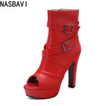 White Sexy Women Sandals Peep Toe 12cm Chunky Platform Zipper Belt Big Size 34-50 Dating Nightclub Ankle Cool Sandals Boots