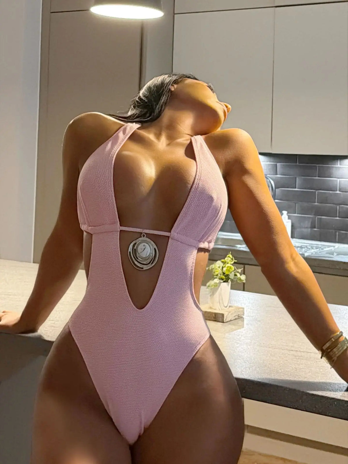 Sexy Pink Swimwear Women 2026 Metal Circle Hollow Out Backless Thong Bikini Beach Bathing Suit Holiday Pleate One Piece Swimsuit