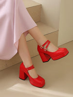 Women Silver Metallic Platform Mary Jane Shoes Double Rhinestone Buckle Chunky Block High Heels Y2K Vintage Square Toe Pumps